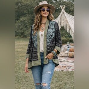 LOVE KYLA Black Green Aqua Silk Blend Embroidered Paisley Kimono Cardigan L